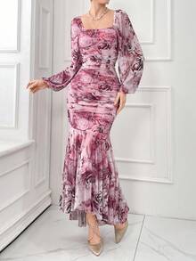 Women's Elegant Flower Print Lantern Sleeve Slim Fit Mermaid Long Dress, Spring/Summer Long Evening Dresses - Multicolor - View 7