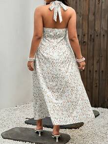 Sunnyshic Elegant Floral Halter Tie Waist Maxi Dress, Backless Beach Vacation Vacation Style, Ditsy Floral, Slimming, Plus Size For Women, Summer Mint Green - Multicolor - View 2