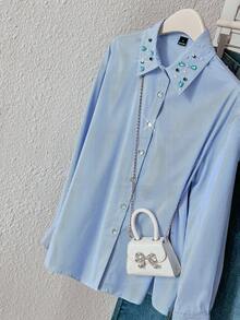 Modelyn Women's Rhinestone Decor Striped Long Sleeve Single-Breasted Casual Shirt - Blue - View 4