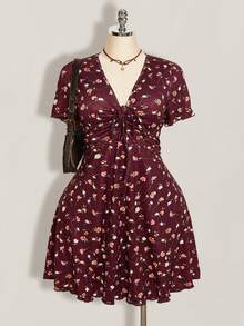 SHEIN ICON 大码女式碎花褶皱休闲短袖连衣裙 - 酒紅色 - 查看 5