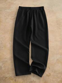 VENTUSAIL Men's Black Summer Basic Casual Vacation Holiday Textured Fabric Straight Leg Drawstring Pants,Relaxed Waist Solid Color Trousers With Pockets,Y2k - Black - View 5