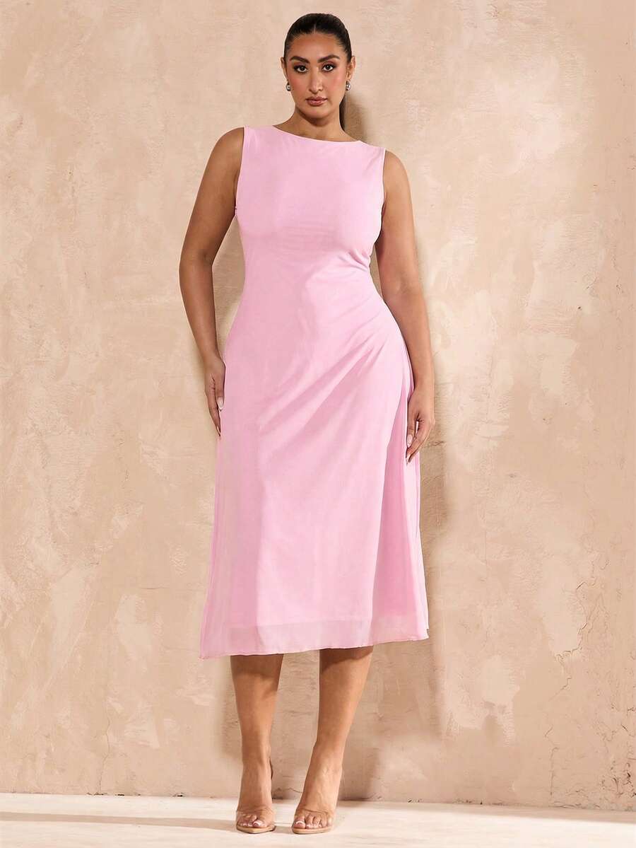 SHEIN BAE Đầm dệt kim dáng chữ A dài ngang gối màu đen lưới thanh lịch dành cho nữ cỡ lớn, phù hợp cho lễ tốt nghiệp, đám cưới, phong cách Pháp, dạ hội, tiệc sinh nhật, phù dâu, đầm mặc hàng ngày thanh lịch tối giản, đầm cưới, đầm phù dâu, đầm dự tiệc cocktail. - Màu Hồng baby - Xem 1
