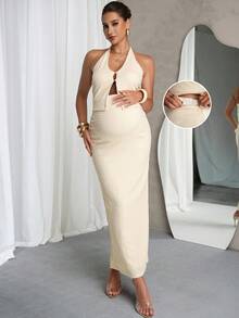 MaterniChic Maternity Clothes Two-Piece Set Spring And Summer Pregnant Clothes Apricot Two-Piece Set, Textured Fabric, Comfortable And Elegant Maternity Solid Color Halter Neck Sleeveless Backless Textured Fabric 2 Pieces Set, Summer - Apricot - View 4