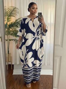 SHEIN Lady Vestido casual folgado com estampa floral e decote em V para mulheres plus size - Azul marinho - Ver 3
