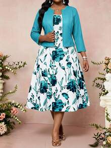 大码优雅印花连衣裙和纯色外套两件套 - 彩色 - 查看 5