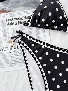 SHEIN 2件套少女波点印花比基尼套装，带系带腰裙，适合海滩度假和夏季穿着 - 黑色 - 查看 8