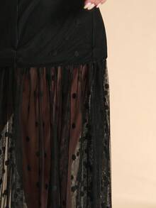 SHEIN BAE Vestido negro con volantes y hombros descubiertos de malla con lunares - Negro - Ver 7