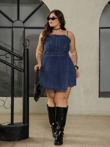 Bibi Tomais Plus Size Denim Jumpsuit, Casual Bib Slim Fit Mini Blue,Back To School - Dark Wash - View 7