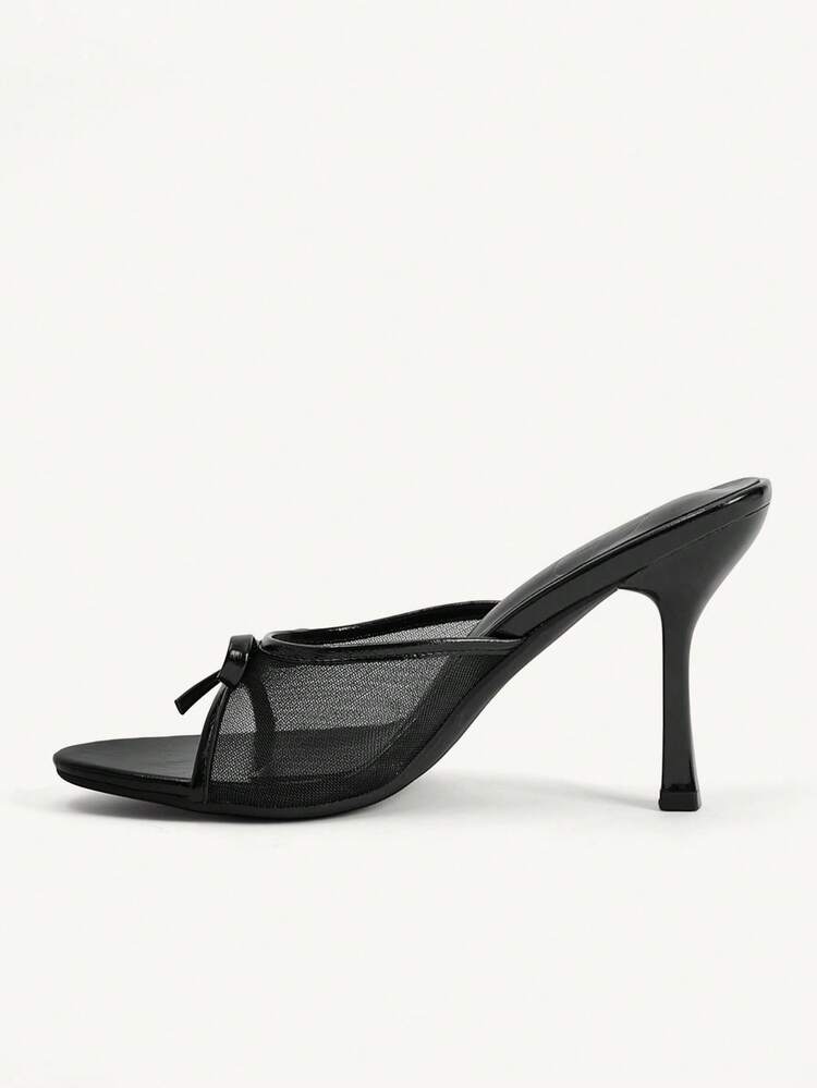 CUCCOO CHICEST Women's Sandals, Spring And Summer, Mesh Stitching Bow Decoration, Open Toe, Stiletto, Daily Commute, Black High Heels. Summer Shoes