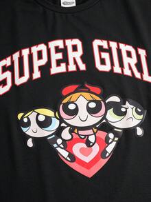 THE POWERPUFF GIRLS X SHEIN 女士卡通印花圆领短袖睡裙 - 黑色 - 查看 4