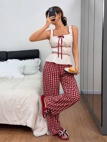 Napfluff Square Neck Camisole Top & Plaid Print Pants Women Pajama Set - Multicolor - View 4