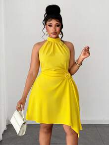 Maweii Spring/Summer Irregular Hem Ruched Waist Elegant Sexy Minimalist Casual Vacation Fashion Unique Design Must-Have Daily Wear High-Quality Plus Size Women Dress, Yellow - Yellow - View 3