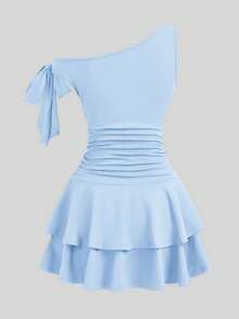SHEIN Girlism Teen Girls Red Solid Color Metal Flower Decor Ruched Shoulder Ruched Hem Fashionable Dress - Baby Blue - View 2