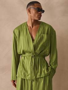 Musero Relaxed Fit Long Sleeve Front Patch Pocket Detailing Dropped Shoulder Satin Style Stripe Pattern Fabric Tie Waist Belt Spring Summer Essentials - Green - View 2