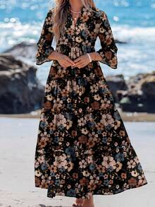 SHEIN LUNE Women Vintage Floral V-Neck Pleated Long Sleeve Long Dress, Suitable For Spring/Summer Autumn Boho Chic Dress - Multicolor - View 5