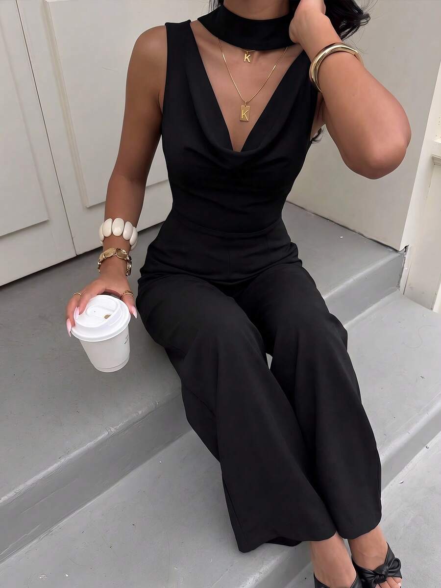 Firerie Damen eleganter minimalistischer Casual Pendler Alltags-Look, Leinen farbiges Jumpsuit mit drapiertem Kragen und weitem, geradem Bein, geeignet für Lehrer, Urlaub - Schwarz - Übersicht 1