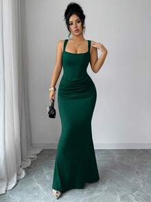 Selianne Đầm hè gợi cảm mới, đầm đen, cổ vuông kiểu Pháp, viền corset giả, dáng đuôi cá, thiết kế xếp ly eo, đầm đuôi cá, đầm dự tiệc cưới, thích hợp cho kỳ nghỉ, hẹn hò, tiệc tùng, ngày Valentine, đám cưới. - Màu xanh lá cây đậm - Xem 7