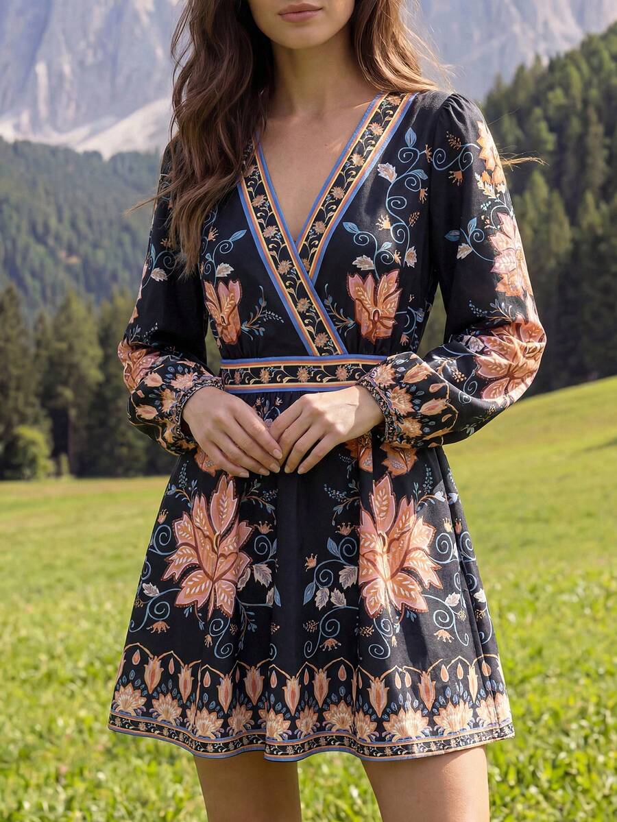 CAJUNI Women's Summer Vacation Crossed Collar Floral Print Lantern Sleeve Dress, Resort Wear Women Vacation Dress - Black - View 1
