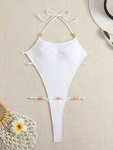 Swim SXY 1pc Solid Color Halter Tie Beaded One-Piece Swimsuit - White - View 5