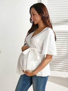 SHEIN 女士舒适V领荷叶边孕妇哺乳上衣（含腰带） - 白色 - 查看 6