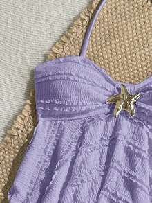 SHEIN Tween Girl Knit Jacquard Solid Color Sleeveless Halter Ruffle Tankini Swimwear Set - Purple - View 3