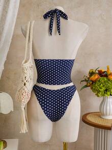 Bellisia Conjunto de traje de baño de verano para mujer de 3 piezas, top de bikini con estampado de lunares y escote halter, combinado con falda de volantes multicapa - Azul Marino - Ver 5