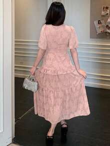 DAZY Đầm lửng nữ thanh lịch, chất liệu ren hoa văn phối ren, cổ chữ V, tay cánh hoa, thích hợp cho mùa hè. - Hồng - Xem 2