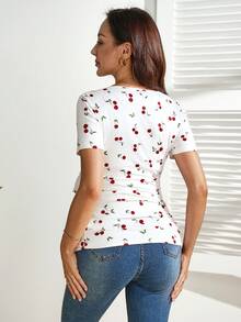 SHEIN 孕妇及哺乳期樱桃印花翻领短袖上衣 - 紅白色 - 查看 7