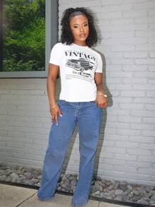 Steph T Casual Fitted Round Neck Short Sleeve Women T-Shirt,Slightly Sheer Suitable For Summer, Retro Vintage Car Print Back To School - White - View 6