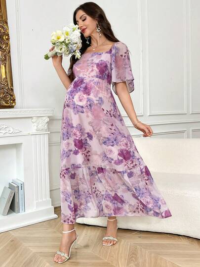 SHEIN 夏季孕妇碎花荷叶边方领短袖优雅连衣裙