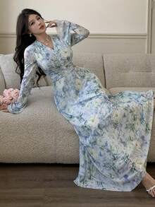 Feyla Váy dài tay cổ chữ V in hoa thanh lịch cho nữ - Màu xanh lam - Xem 6
