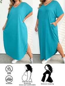 SHEIN CURVE+ Plus Size Women's Spring/Summer New Fashion Commuter Casual Pocket Design Split Robe - Black - View 10