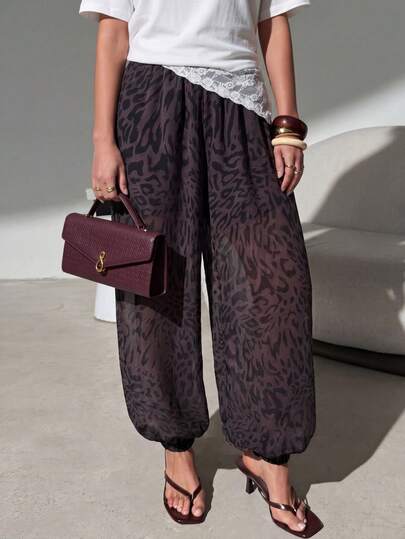 Lavishia Pantalones anchos de mujer cómodos y transpirables con estampado de leopardo, pantalones globo elegantes y de moda para el verano