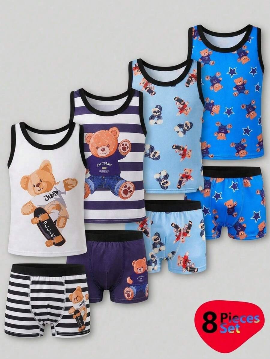 SHEIN GraphicGems 8 件套男童休闲打底内衣,包含同色系上衣和四角裤,海军蓝和亮蓝色可选。这款轻盈柔软的夏季针织系列,饰有趣味卡通蜘蛛印花和经典条纹图案,并以时尚的黑色滚边点缀,采用亲肤光滑面料,带来舒适的日常休闲穿着体验。 - 彩色 - 查看 1