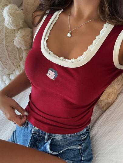 DAZY Áo camisole mùa hè dành cho nữ, phối ren tương phản, họa tiết hoạt hình, ôm sát.