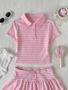 Comfortcana Bộ đồ thời trang nữ gồm áo thun ngắn tay kẻ sọc và chân váy ngắn (2 món). - Hồng - Xem 6