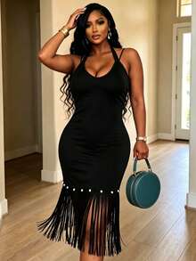 Lunelith SHEIN Lunessa Women's Black Summer Elegant Night Out Tassel Hem Backless Halter Neck Midi Dress,Fringe Bodycon Club Outfits Party Dresses For Ladies Fitted Dress - Black - View 1