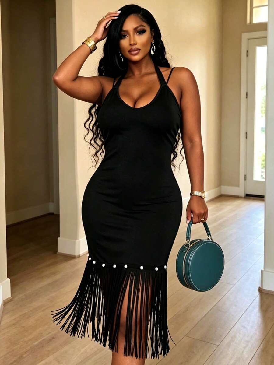 Lunelith SHEIN Lunessa Women's Black Summer Elegant Night Out Tassel Hem Backless Halter Neck Midi Dress,Fringe Bodycon Club Outfits Party Dresses For Ladies Fitted Dress - Black - View 1