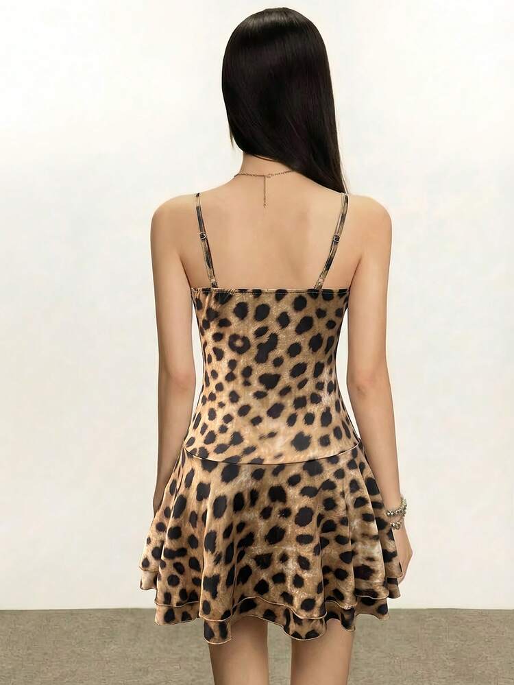 Rina Fox Women's Leopard Print Ruched Sexy Mini Cami Dress For Dates & Parties - Khaki - View 2