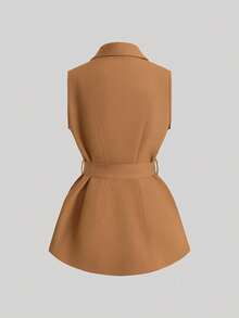 Franclia Nueva chaqueta sin mangas con cinturón para mujer - Caqui - Ver 2