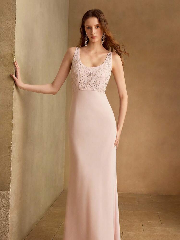 ELEGANT BEADED EMBROIDERED DRESS, ROMANTIC FOR SPRING/SUMMER PARTY AND VACATION, PINK