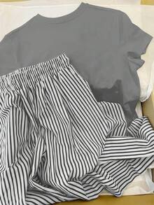 Resyla 女士卡通印花圆领短袖上衣搭配抽绳腰条纹裤休闲日常套装 - 彩色 - 查看 2