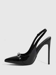 CUCCOO SZL Women's Wine Red Fashion Pumps Burgundy High Heels Thin Heel With Buckle Decor Spring Shoes - Black - View 9
