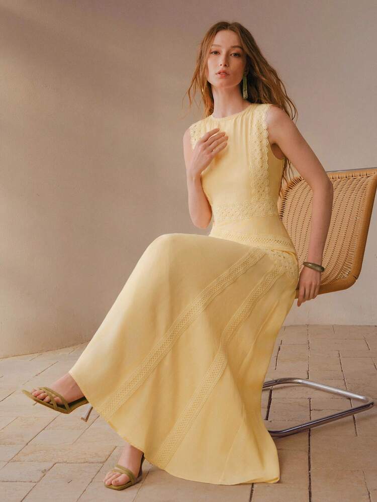 WOMEN'S ELEGANT ASYMMETRIC LACE PATCHWORK SLEEVELESS WAIST CINCHED DRESS, LIGHT YELLOW, SUMMER