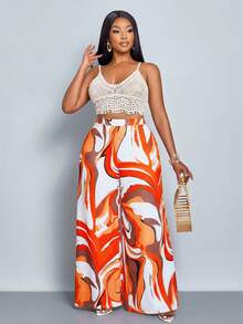 SOLERSUN Plus Size Women's Fashionable Liquid Ripple Art Pattern Wide Leg Pants,White Summer Boho Beach Holiday,Casual Loose High Elasticity Seaside Vacation - Orange - View 4