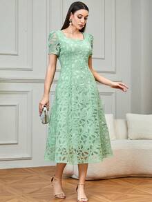 Modelyn Women's French Lace Elegant Waist Cinched Long Dress - Green - View 5