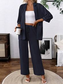 SHEIN Holidaya Conjunto de blazer y pantalones de estilo casual con sensación de lino - azul real - Ver 6