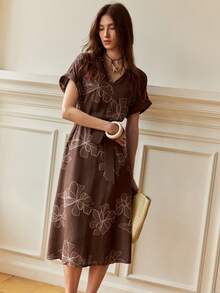 Écloséra French Retro Women's Dress,V-Neck Raglan Short Sleeve Folded Cuffs Embroidered Belt Brown Floral Summer Boho Vacation Casual Beach Holiday Wear Dress - Multicolor - View 3
