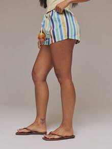 MUSERA 亚麻条纹印花迷你抽绳短裤，波西米亚风，适合海滩、节日、春夏度假、休闲、优雅、夜晚外出、约会等场合。 - 白色 - 查看 3