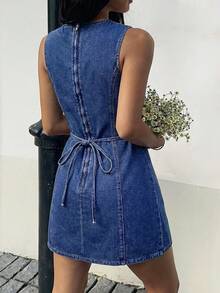 Serisse Women's Casual Round Neck Denim Dress For Daily Wear - Dark Wash - View 2